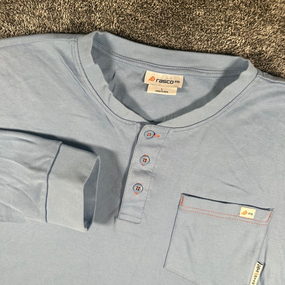 Rasco FR Henley Work Shirt Mens Large Blue Flame Resistant CAT 2 Long Sleeve